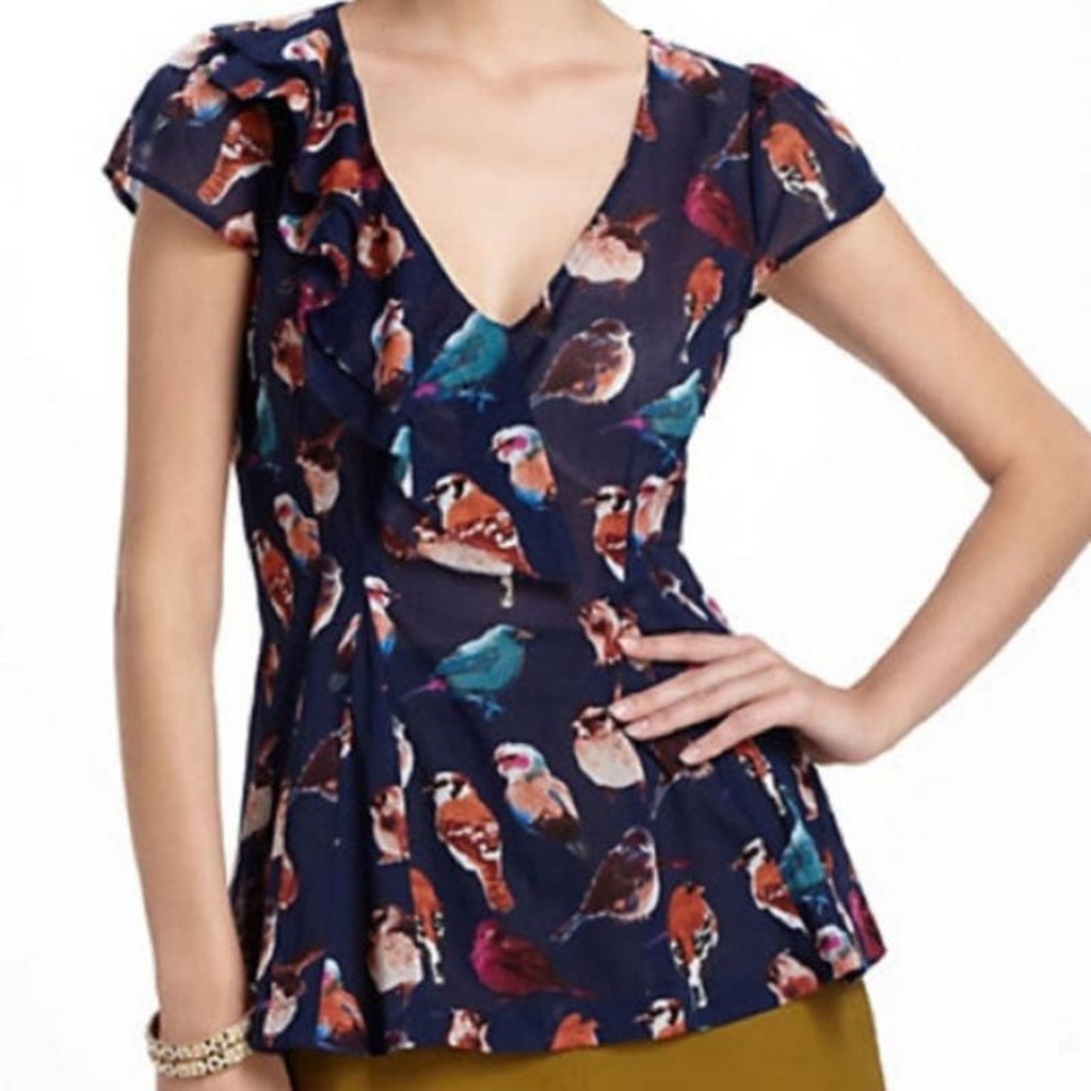 Anthropologie Navy Bird Print Blouse